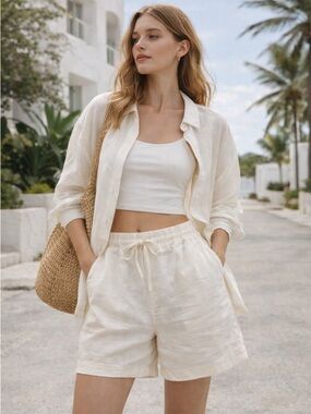 NWT ZARA Linen Blend Drawstring Shorts Cream White Relaxed Summer L